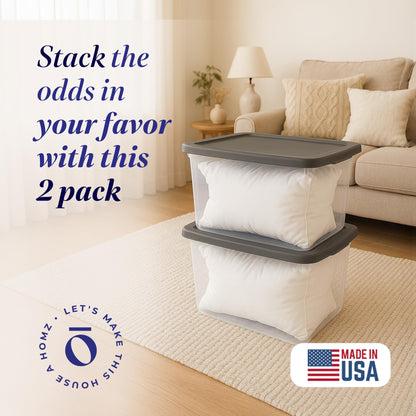 HOMZ 2-Pack Snaplock, Large Clear Plastic Storage Organizer Bins w/Lids, 56 Quart, Gray - Stackable