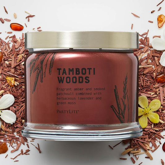 PartyLite Tamboti Woods Scented, Notes of Exotic Amber, Patchouli, Lavender & Green Moss, 13.2oz