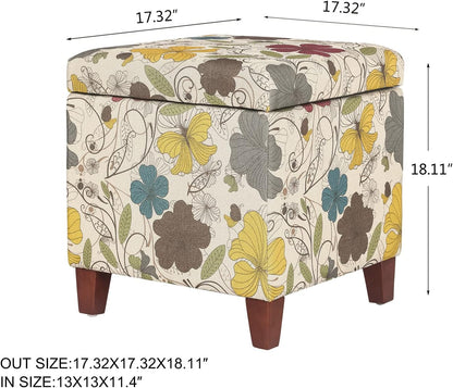 Adeco 18 Inch High Cube Ottoman Storage, Floral Printed Linen Chair Foot Stools, Upholstered Vanity Stool with Hinged Lid, Solid Wood Legs