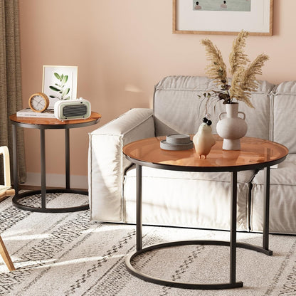 aboxoo Nesting Coffee Table Set of 2, Small Round Glass Nesting Tables for Living Room Bedroom, Accent Tea Table with Metal Frame Modern Industrial Simple