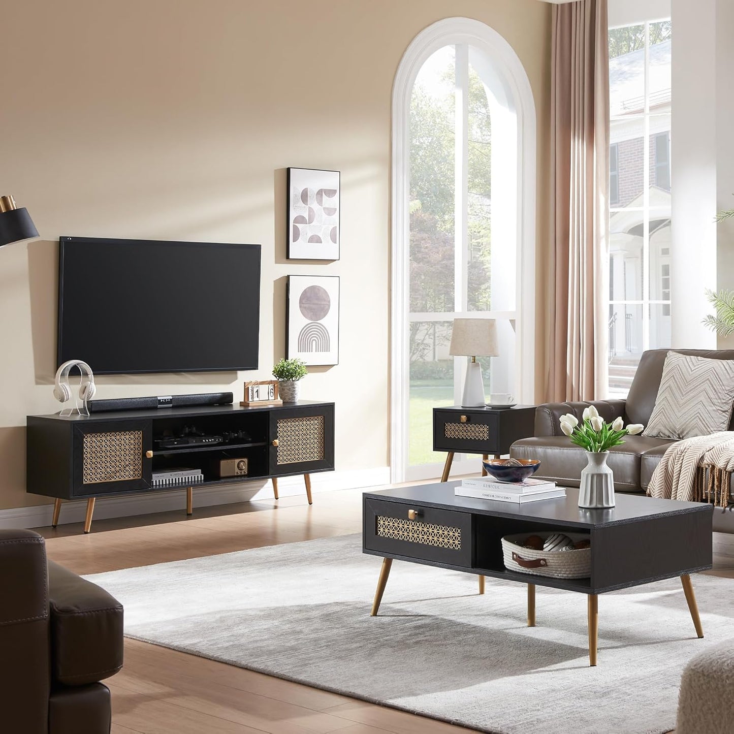 Mid Century Modern TV Stand for 65 inch TV, Entertainment Center with Storage, Metal Mesh Decorated Cabinet Doors for Living Room, Black