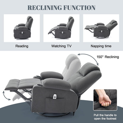 Oversized Swivel Rocker Recliner Chair with Heat and Massage, 360 Degree Swivel Rocking Single Sofa with Cup Holders and USB Port, Big Large Recliner Chair for Living Room (Fabric, Darkgrey)