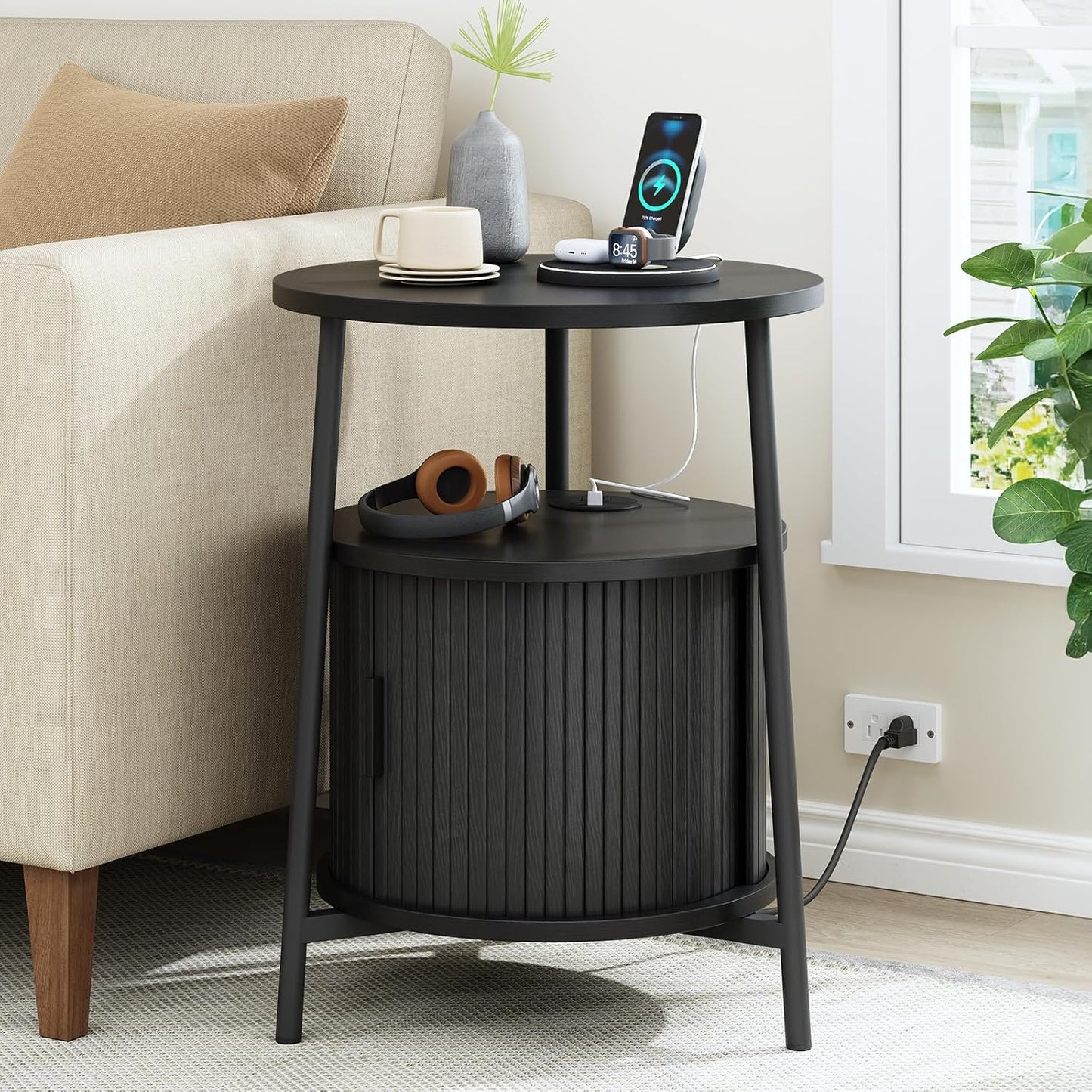 Round Side Table with Storage, Fluted Nightstand with Charging Station, Small Mid-Century Modern Bedside Tables, Black End Tables for Small Space Living Room Bedroom Sofa Couch