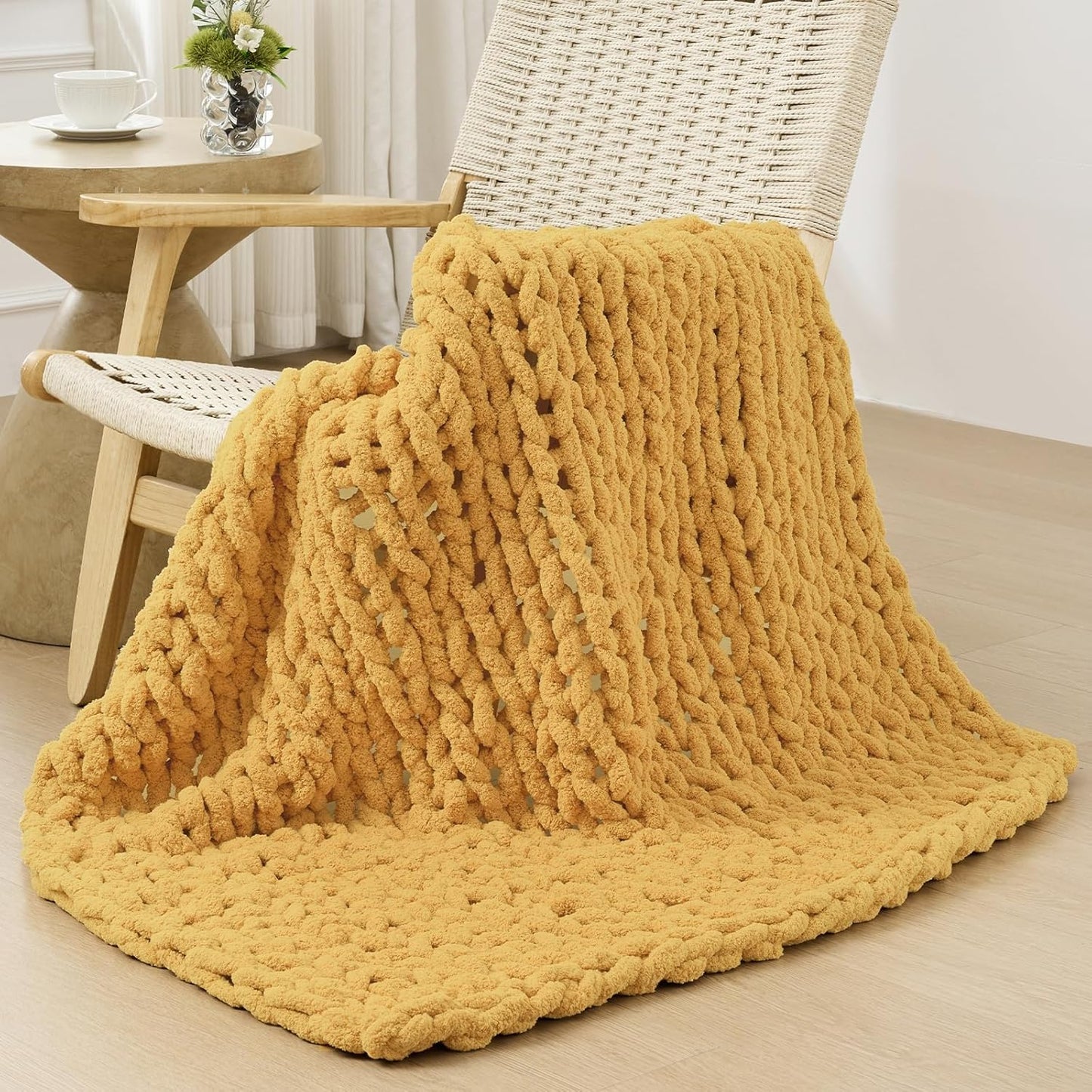 Bigacogo Chunky Knit Throw Blanket for Couch, 40x40 inches, 100% Hand Knitted with Thick Jumbo Chenille Yarn, Cozy Soft Large Rope Knot Cable Crochet Blankets for Sofa Bed Living Room, Mustard Yellow