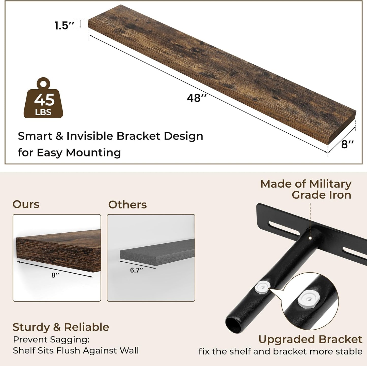 RICHFOCUS 48Inch Floating Shelves for Wall 2 Pack Shelves for Bedroom|Kitchen|Bathroom Wall Mounted Rustic Wood Floating Shelf with Invisible Brackets for Books|Storage|Decor, Rustic Brown