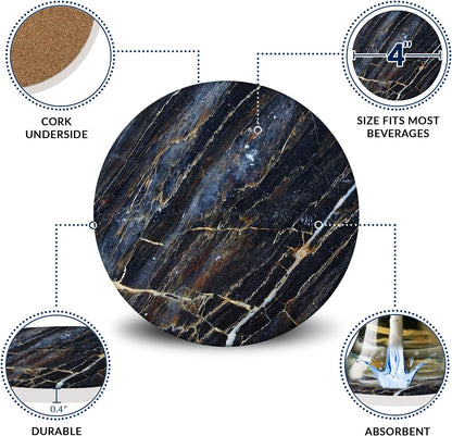 Emerson Coasters for Drinks Absorbent – Natural Stone Drink Coasters Set with Holder, Coasters for Coffee Table, Wooden Tabletop Protection Marble Style – 100% Heavy Duty Set of 6 (Thunder)
