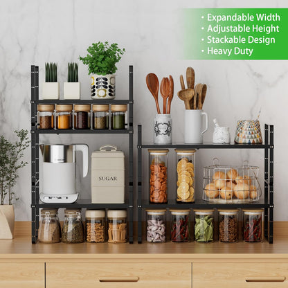 Expandable Cabinet Storage Shelf Stackable Organizer Rack for Kitchen Bathroom Pantry Spice Cupboard Countertop Home Office Desk Heavy Duty Nonslip Black Small 2 Pack