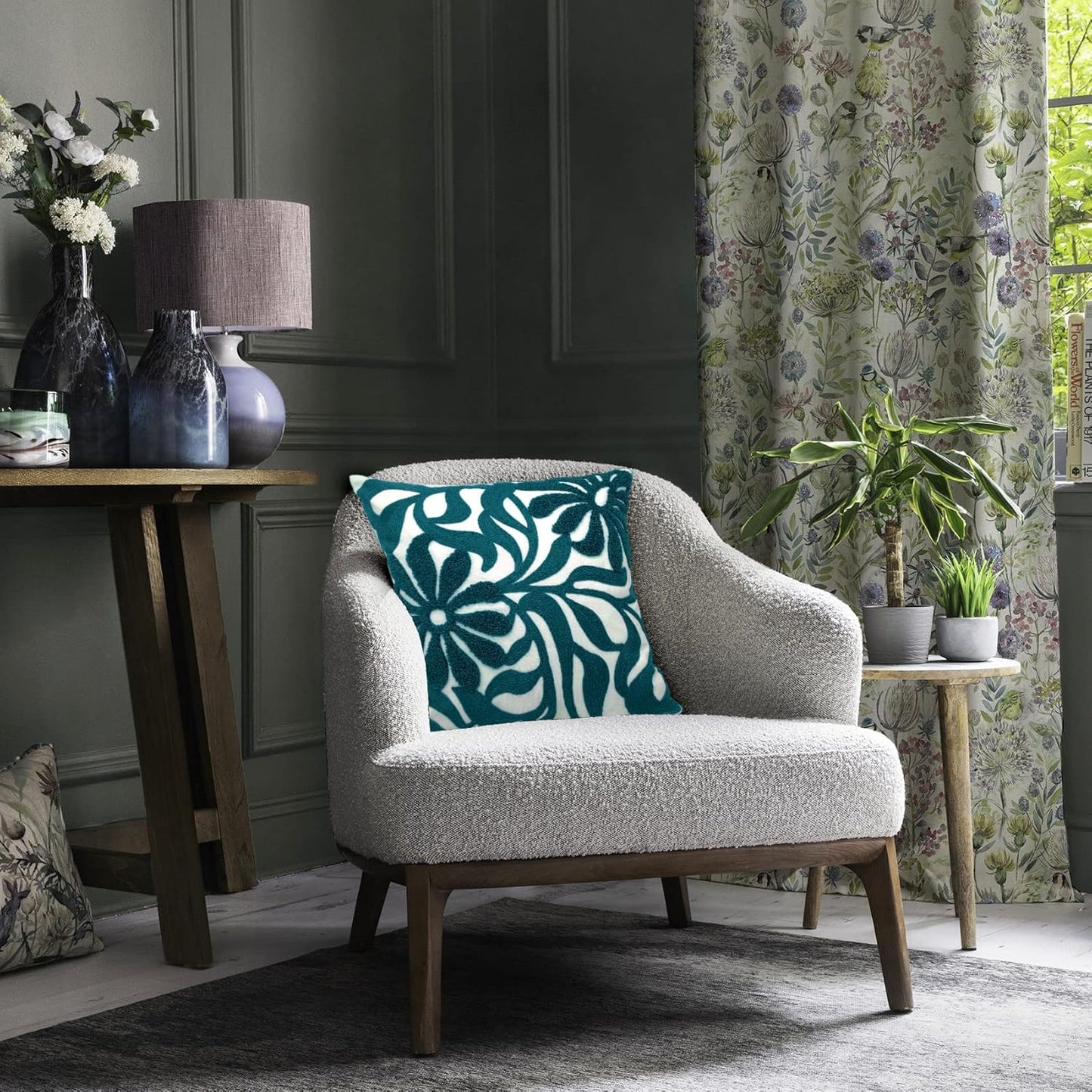 Alysheer Farmhouse Floral Leaves Embroidered Decorative Throw Pillow Cover 18x18 inches, Boho Tufted Flowers Embroidery Pattern Chic Cotton Cushion Case for Couch Bed Sofa Living Room(Teal Blue)