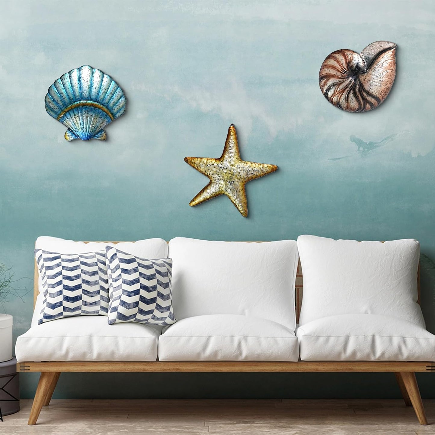 Weibefee 3 Pcs Metal Beach Wall Decor Sea Star Shell Conch Metal Decor Ocean Theme Marine Coastal Bathroom Decorations Rustic Cottage Nautical Wall Art for Office Home Living Room Nursery Room