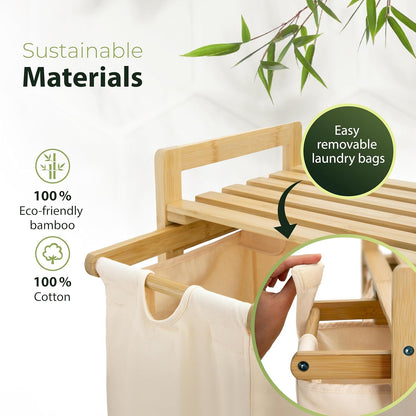 Laundry basket with wheels beige - Large Bamboo Laundry Sorter with Removable Cotton Bags - 3 Section laundry room organization - Durable, Eco-Friendly, and Stylish Storage Solution for Home