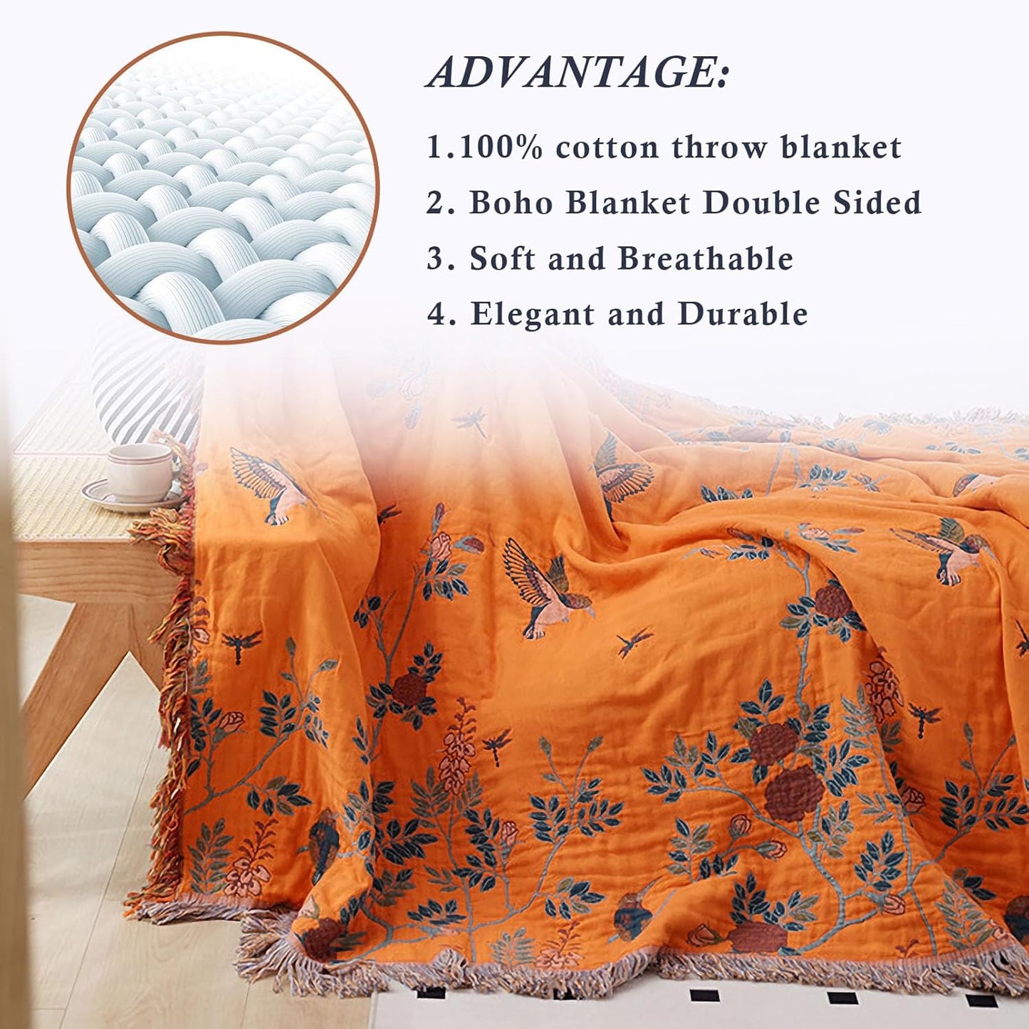 Snycler Boho Throw Blanket for Bed, 100% Organic Cotton Muslin Soft Throw-Floral Bird Farmhouse Rustic Spring Summer Fall Decor Blanket for Couch Sofa Quilt and Gift, 80" x 90" Orange