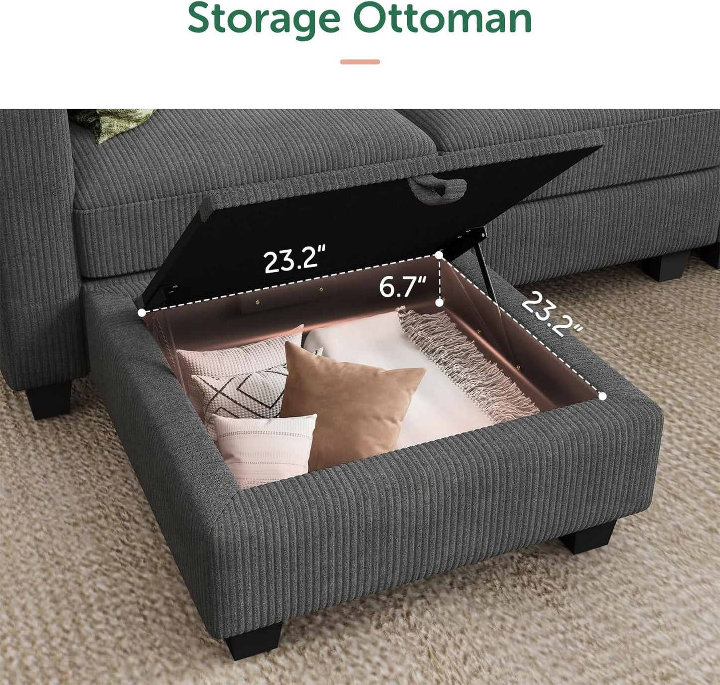 HONBAY U-Shaped Corduroy Sectional Couch with 6 Seaters Modular Sectional Sofa with Storage Sectional Couches for Living Room, Dark Gray