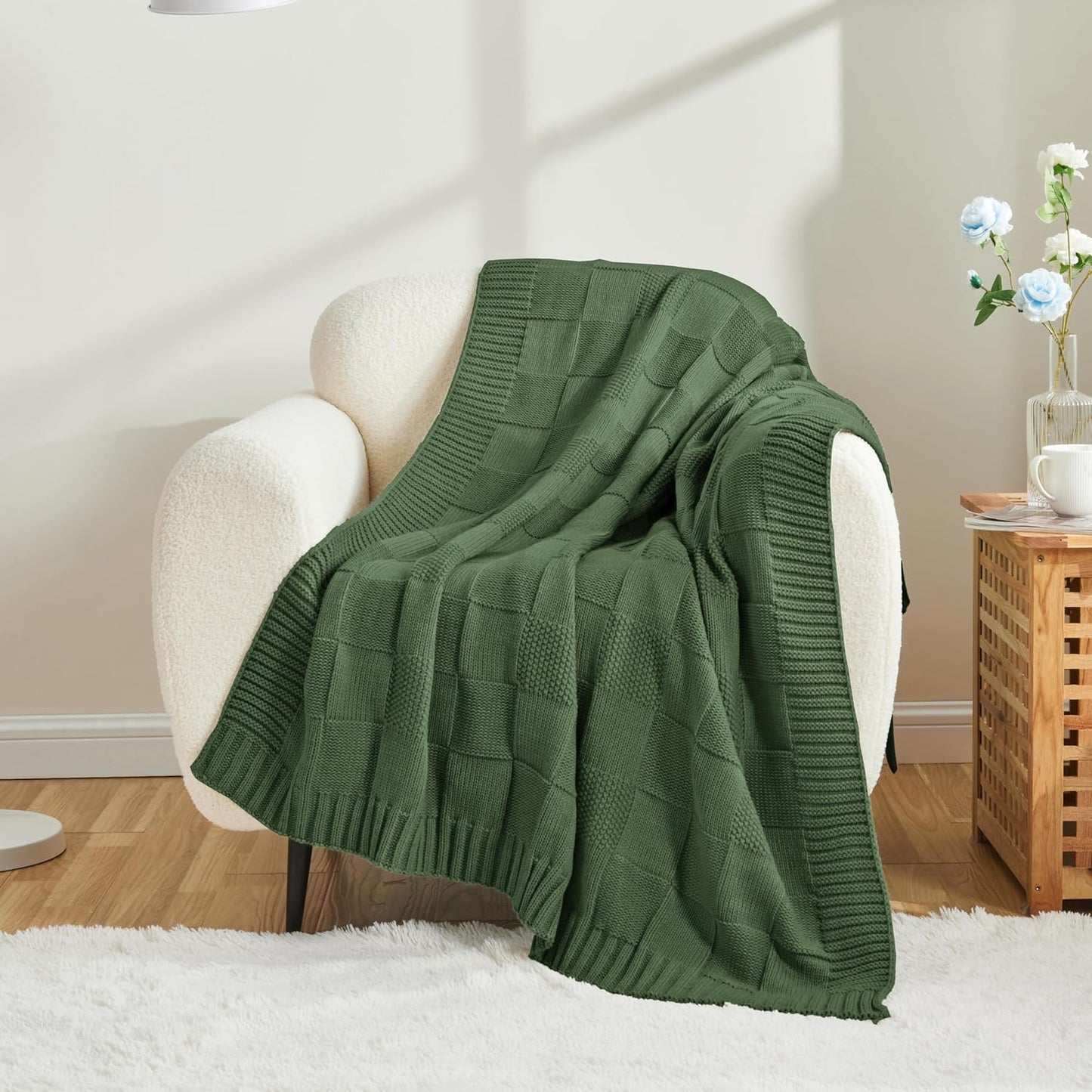 CozeCube Knit Throw Blanket,Christmas Green Checkered Bedroom Blanket for Couch,Soft Cozy Warm Knitted Blanket for Bed Sofa Living Room,Decorative Spring Fall Throw Blanket 50"X60",Christmas Green