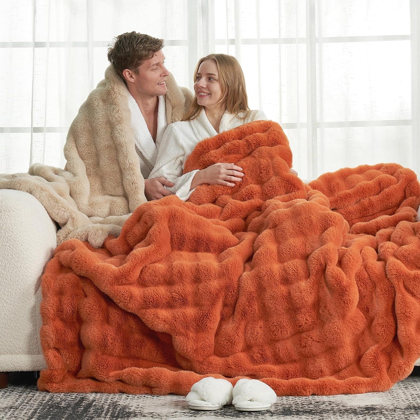 Cozy Bliss Faux Fur Throw Blanket for Couch, Fuzzy Soft Plush Thick Bubble Blanket for Sofa Bedroom Living Room, 60 * 80 Inches Burnt Orange