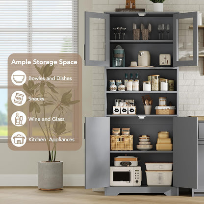 GarveeHome 67" Tall Storage Cabinet, Tall Bathroom Cabinet with Glass Doors and Adjustable Shelves, Freestanding Kitchen Pantry Cabinets, Cupboard for Living Room, Dining Room, Gray