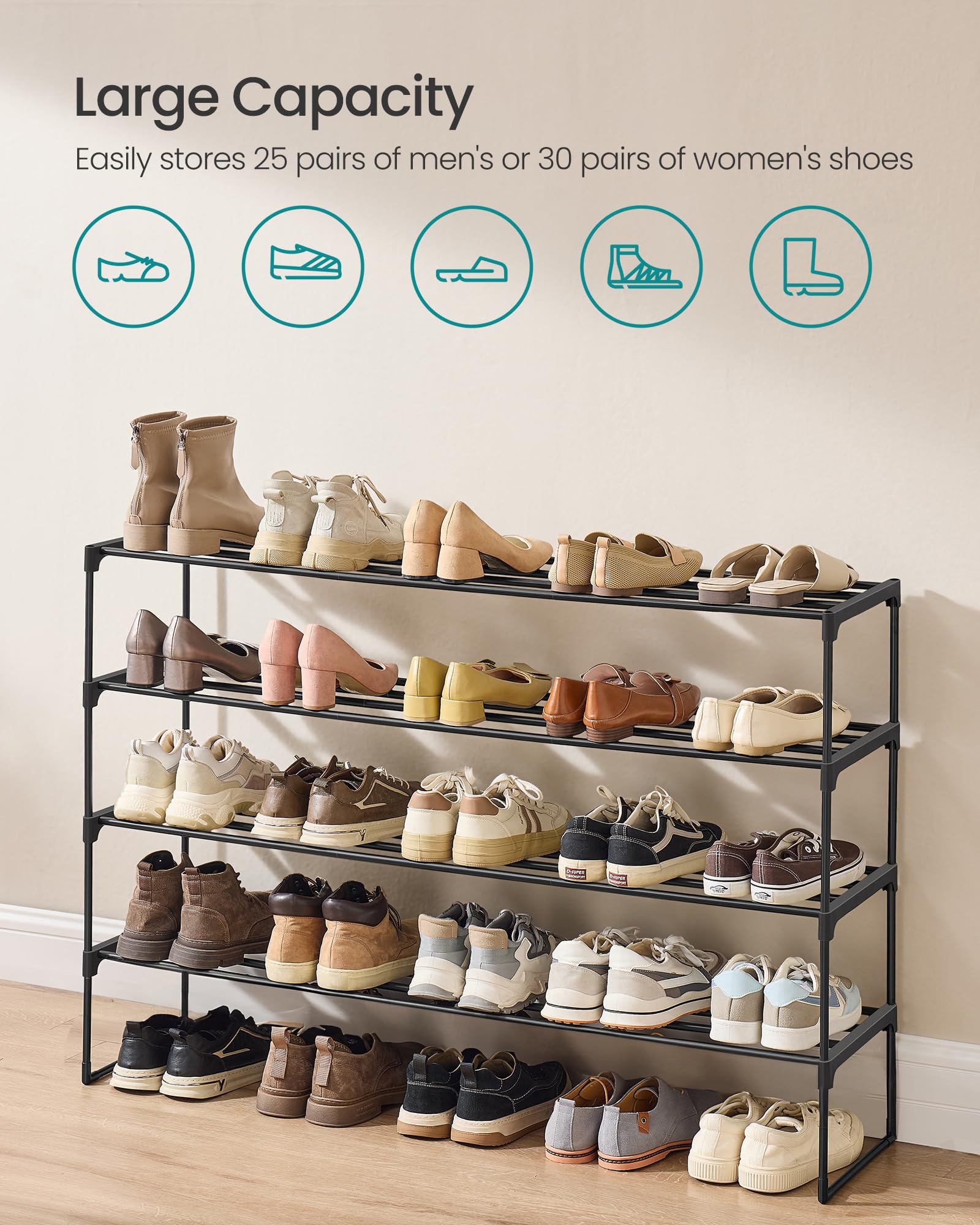 SONGMICS Shoe Rack, 4-Tier Shoe Organizer, Metal Storage Shelf, Upright or Upside Down, for 25-30