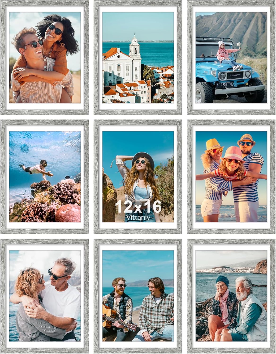 Vittanly 12x16 Picture Frames Set of 9, Shatter Resistant Plexiglass, Display 11x14 Pictures with Mat or 12x16 without Mat, Photo Frames for Wall Mount, Engineered Wood, Grey