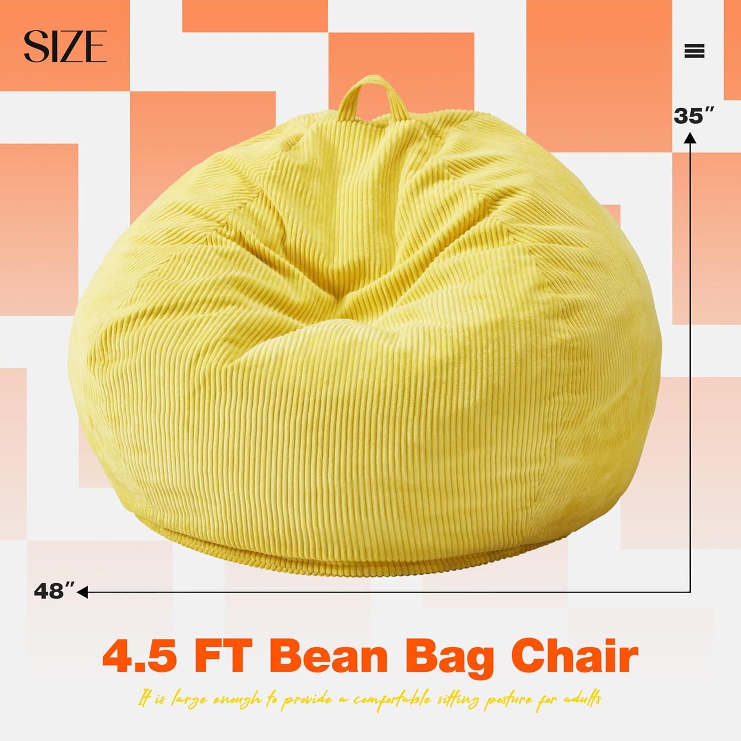 Hobestluk 4.5FT Bean Bag Chair Giant Bean Bag Chair with Filler Included Adult Bean Bag Chairs with Removable Cover for Bedroom Living Room - (Jumbo, Yellow)