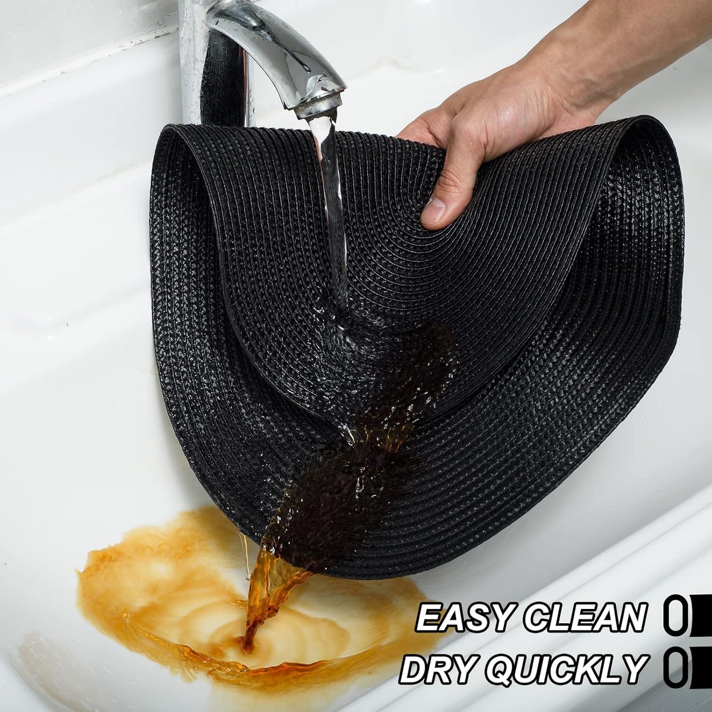 AHHFSMEI Placemats Set of 4 for Dining Table Washable Woven Vinyl Non-Slip 18x12 inches Placemat Heat-Resistant Durable Table Mats for Dining Table Easy to Clean (Oval Black, 4)