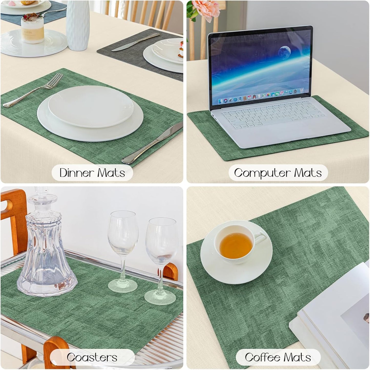 Romanstile Reversible Vinyl Placemats Set of 6, Faux Leather 100% Waterproof Oil-proof Wipeable Place Mats, Heat Resistant Dual Sided Table Mats for Kitchen/Dining/Party (Grey DarkGreen, 12 x 17 Inch)