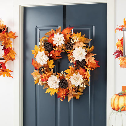 Glitzhome 24" D Fall Sorghum Wreath with Metal Hanger, Harvest Wreath for Front Door, Fall Door Wreaths for Indoor Outdoor Thanksgiving Harvest Holiday Decorations
