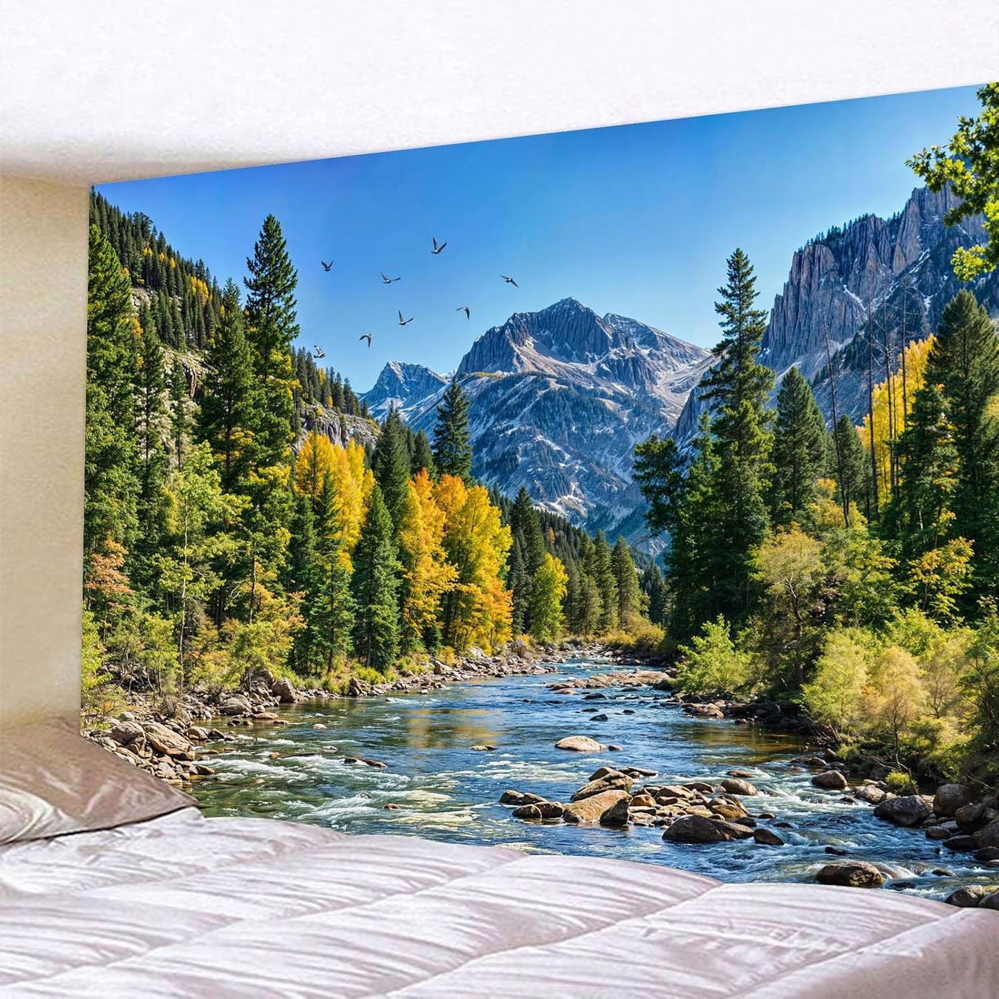 AMM Nature Forest Mountain Tapestry Green Pine Tree Tapestry for Bedroom Aesthetic Flowing River Landscape Tapestries Wall Hanging Bird Decor for Living Room Classroom Dorm Office