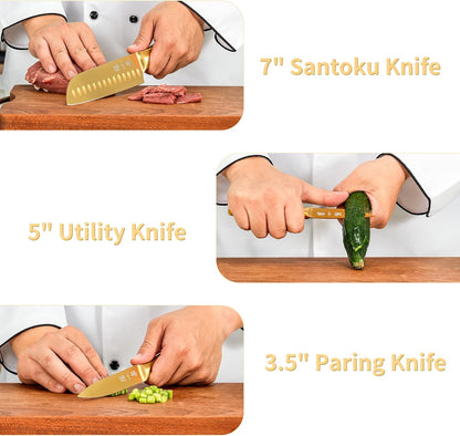 ZHANG XIAO QUAN SINCE 1628 15Pcs Knife Sets with Block, 50Cr15MoV Stainless Steel kitchen knife set with Built-in Sharpener Dishwasher Safe(Golden)