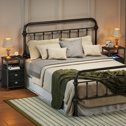 Furologee Nightstand Set of 2, Black Oak, with Charging Station and USB Ports, Side Tables with 2 Fabric Drawers, Bedside Tables with Storage Shelf & Hooks, for Living Room/Bedroom