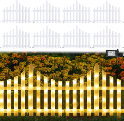 Hopolon 8 Pack 36LED Lighted Garden Fence,13.7x11.8inch Christmas Tree Fence Lights Plug in,8 Modes White Plastic Edgings Picket Decorative Fence for Landscape Patio Yard Path Home Xmas,Warm White