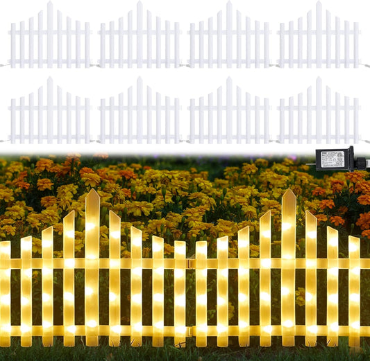 Hopolon 8 Pack 36LED Lighted Garden Fence,13.7x11.8inch Christmas Tree Fence Lights Plug in,8 Modes White Plastic Edgings Picket Decorative Fence for Landscape Patio Yard Path Home Xmas,Warm White