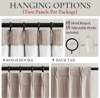 Thick Linen Blackout Curtains 105 Inches Long 2 Panels Set, Custom Length Heat/Draft Blocking Back Tab&Pinch Pleated Neutral Large Window Drapes for Office at Home Living Room Bedroom, W40"xL105"