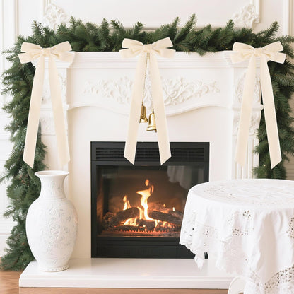 Senjie Velvet Large Christmas Bows for Staircase Garland Wreath, 20in x 8in Vintage Ribbon Bows with Twist Tie for Xmas Tree Holiday Indoor Outdoor Decorations (6Pcs, Beige)