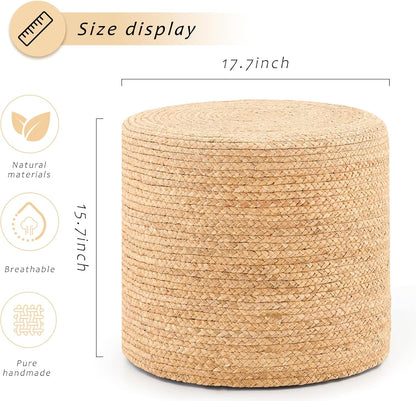 Handwoven Ottoman Pouf, Natural Water Hyacinth Footstool, Round Braided Outdoor Seat with Sturdy Frame, Boho Accent Stool for Patio, Balcony, or Garden (Natural)