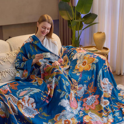 Boho Throw Blanket, Blue Lightweight Blankets for Summer, 100% Cotton Bohemian Decorative Throw Blanket, 80"x90" Reversible Muslin Breathable Woven Farmhouse Blankets Quilt,