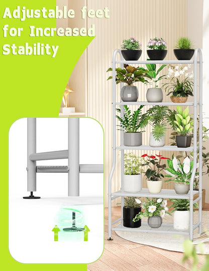 5-Tier Metal Plant Stand Indoor Outdoor, Waterproof Flower Stand for Multiple Pots, Heavy Duty Plant Stands for Living Room Patio Garden Decor, Tall Plant Shelf with Leveling Feet, White