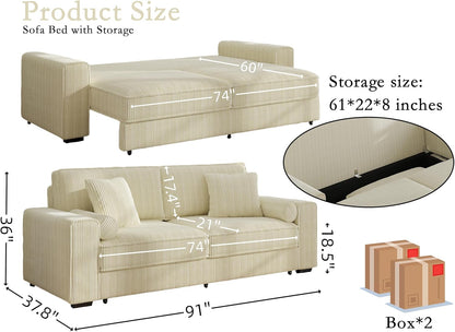 91-Inch Corduroy Pull Out Couch with Storage, Convertible Queen Sleeper Sofa with Pull Out Bed, Hide a Bed Couches for Bedroom, Guest Room, Apartment, Small Places, RV (Beige)