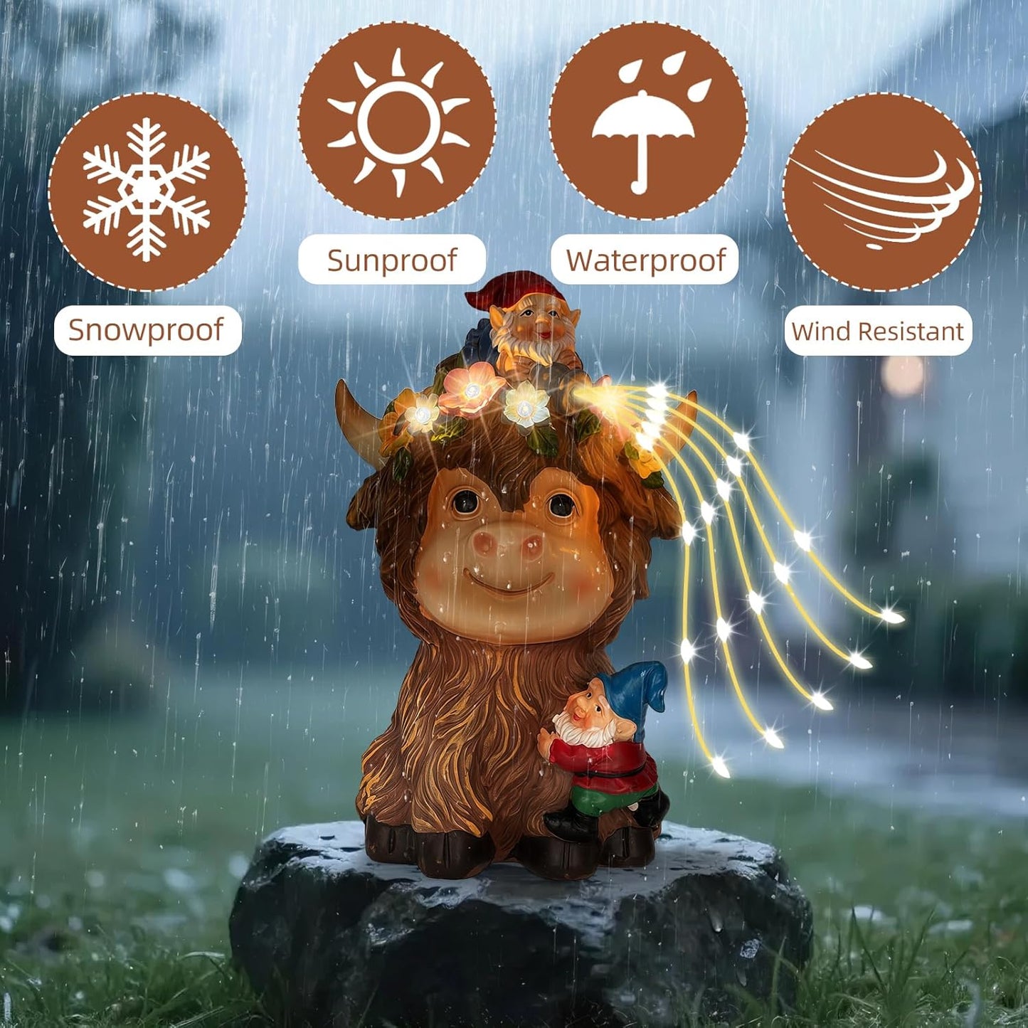 Solar Highland Cow Outdoor Statues for Garden: Outside Decor with Funny Gnomes Clearance for Yard Art Lawn Ornaments Porch Patio Balcony Home House - Birthday Gifts for Grandma Mom Women(Cow Gnome)