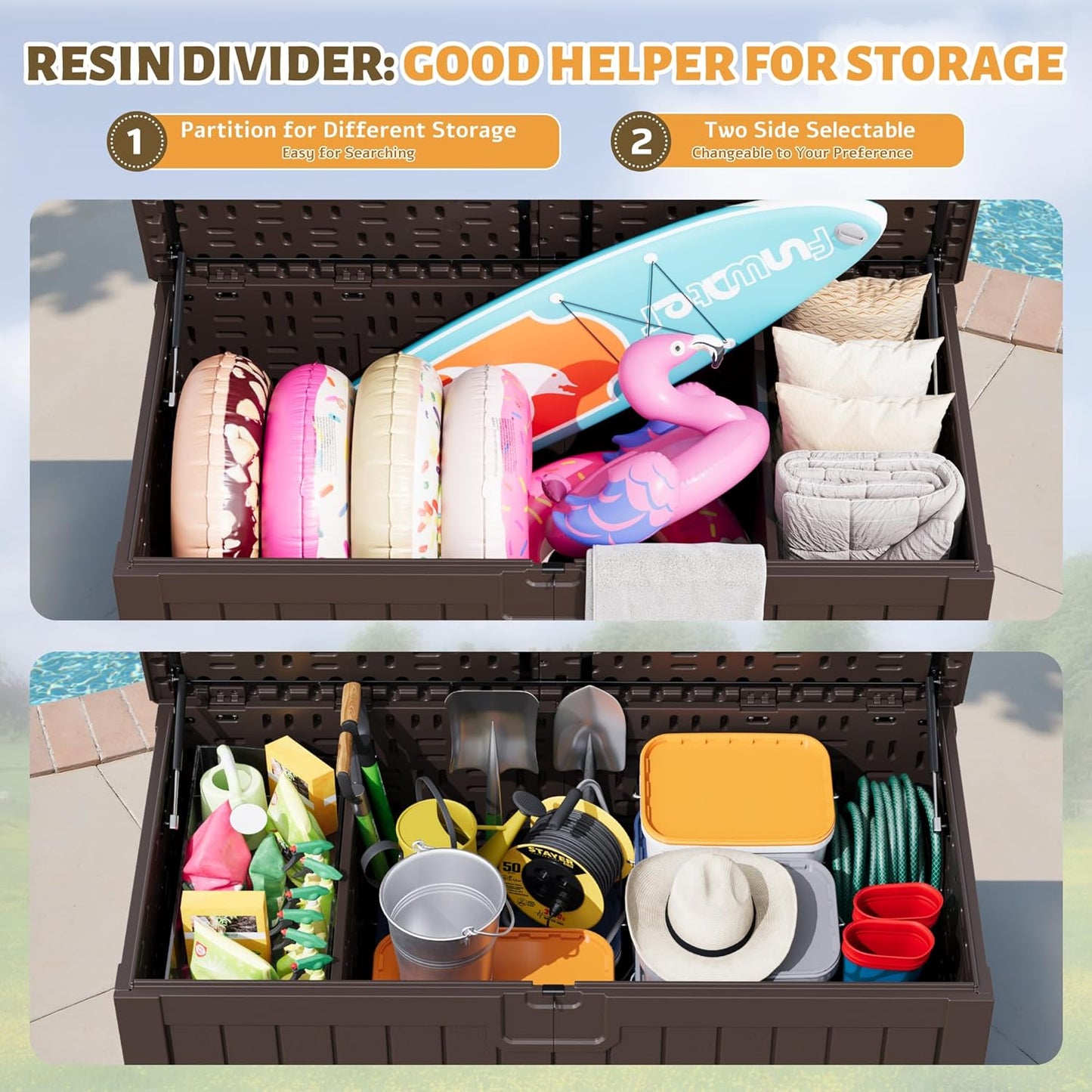 Flamaker Resin Deck Box 250 Gallon, Waterproof Imitation-Wood Lockable Storage Box with Separator Plate Outdoor Indoor, Garden, Patio Furniture for Tools&Pool Accessories (Deep Brown)