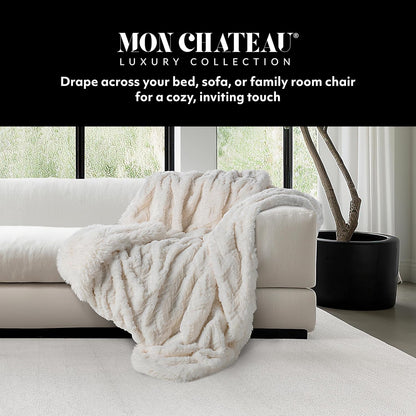 Mon Chateau Premium Reversible Queen Size Luxury Faux Fur Throw for Couch, Sofa, or Queen Size Bed - Plush Cozy Soft Blanket for Sleeping or Home Décor, 60" x 70" (Ivory Jacquard)