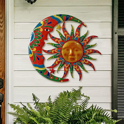 Limygus Sun and Moon Wall Decorations for Outdoor, Colorufl Metal Sun Wall Art Decor with Moon & Stars Perfect for Patio, Garden, Yard, Living Room, Bedroom