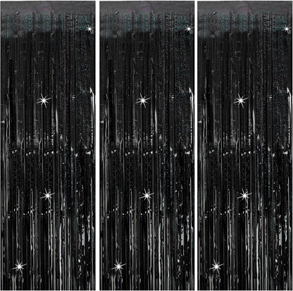 3 Pack Black Party Streamers Backdrop Tinsel Foil Fringe Curtains Halloween Party Decorations Birthday Wednesday Party Decorations Graduation Halloween Decor Party Supplies