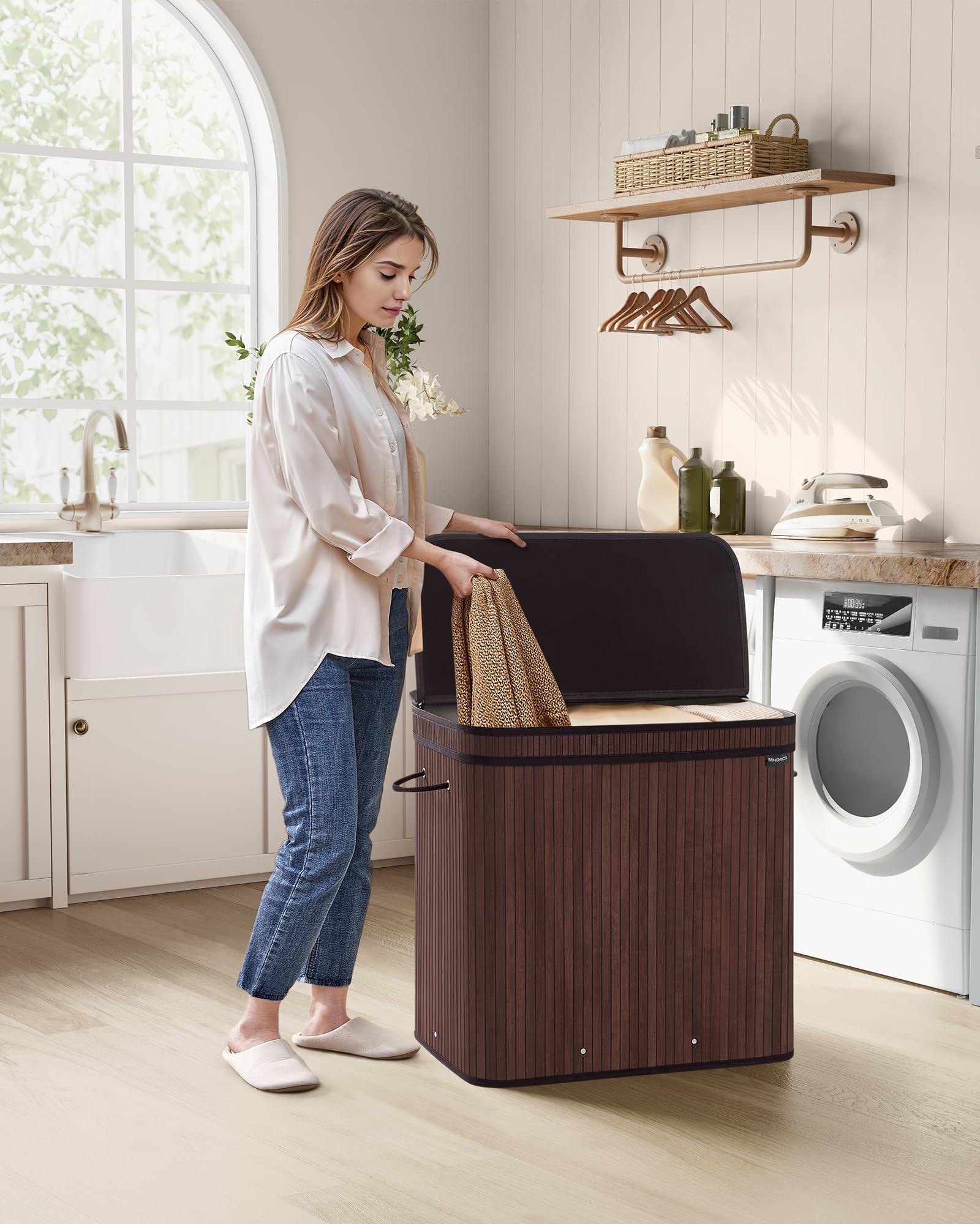 SONGMICS Laundry Hamper with Lid, Bamboo Laundry Basket, Removable Machine Washable Laundry Basket