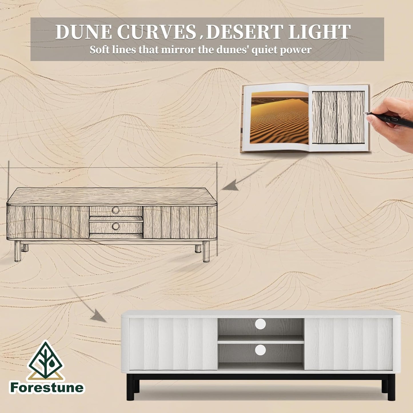 White Mid Century Modern TV Stand, Wood Fluted Living Room TV Stands with Storage Sliding Doors, Desert-Inspired Design MCM Entertainment Center for 55 60 65 70 75 55+ 60+ 65+ 70+ Inch