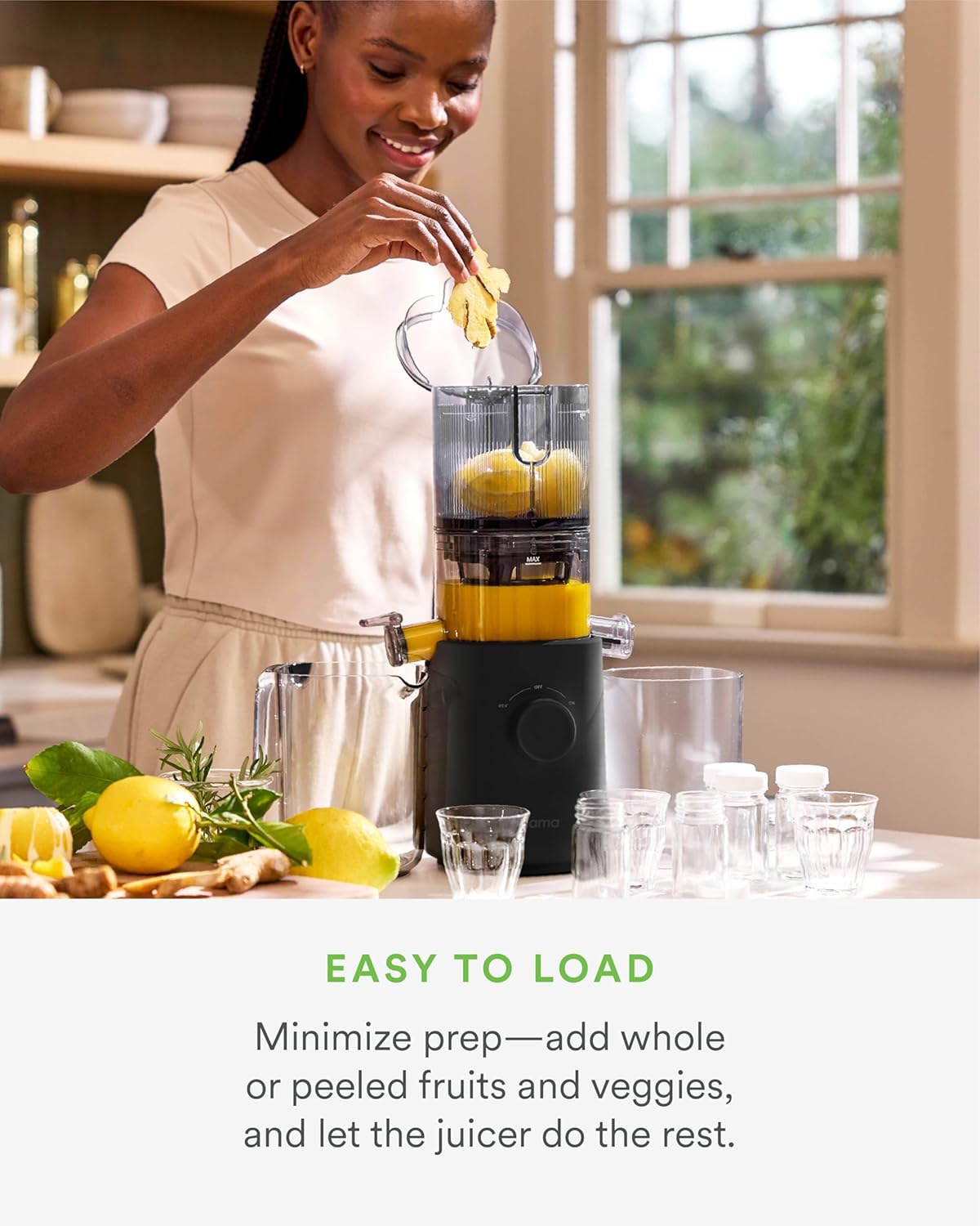 Nama J3 Compact Cold Press Juicer – Space Saving & Self Feeding for Hands-Free Operation – Lightweight, Portable Zero Waste Slow Masticating Juicer – Easy Cleanup & Assembly - Black