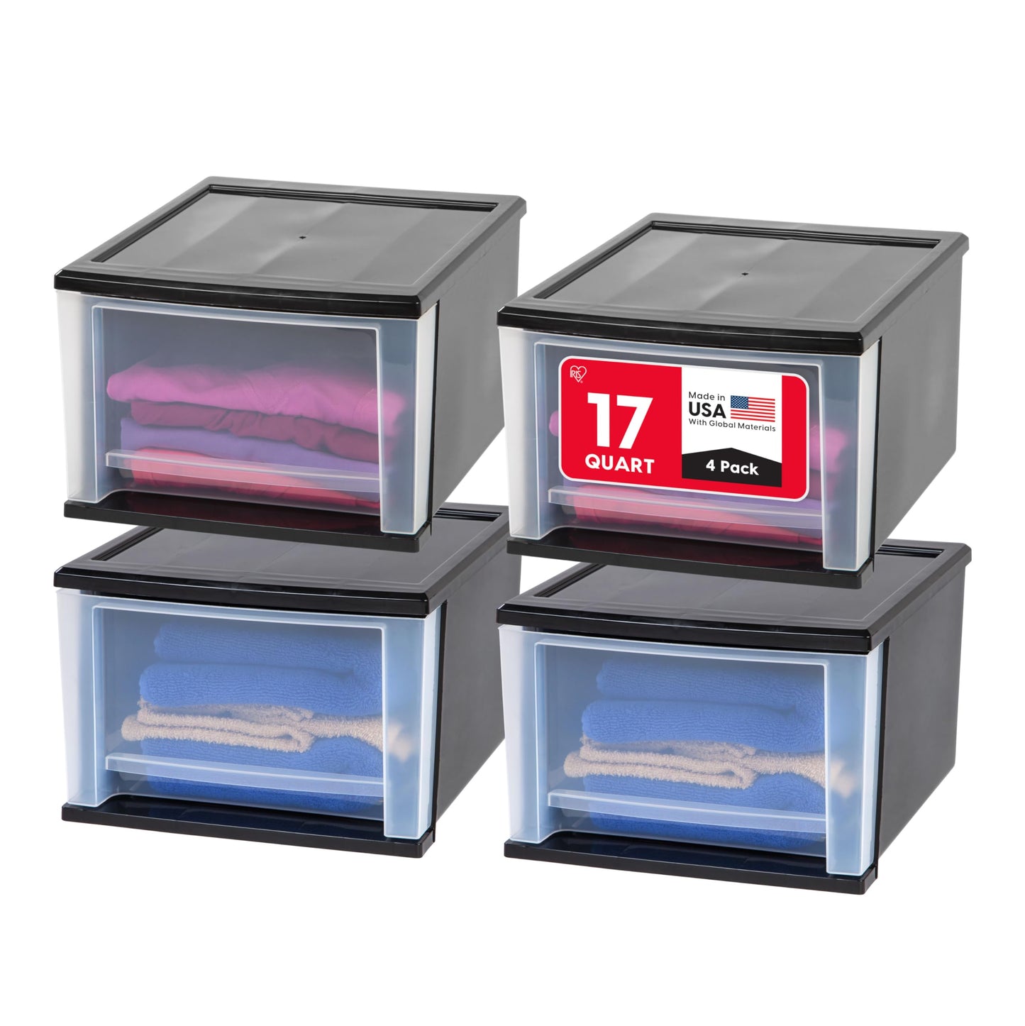 IRIS USA 4-Pack, 17 Qt. Medium Stacking Drawer Storage Organizer, Black