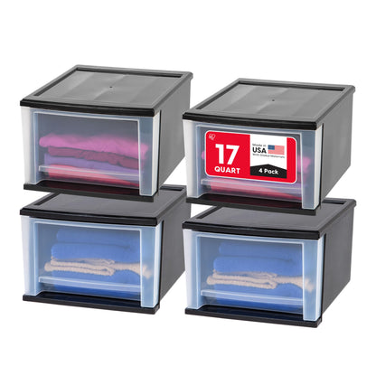 IRIS USA 4-Pack, 17 Qt. Medium Stacking Drawer Storage Organizer, Black