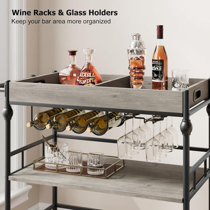 GarveeHome Bar Cart, Bar Carts for The Home, 3 Tier Serving Cart with Wheels, Home Bar & Serving Carts, Metal Rolling Cart with Wine Rack & Removable Tray for Kitchen, Dining Room, Living Room-Grey