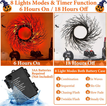 7 Ft Halloween Decorations Willow Vine Twig Garland with 8 Modes Timer 63 LED Orange Lights, Halloween Garland with Waterproof Battery Operated for Wall Fireplace Decorations Indoor Outdoor