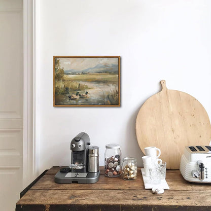 Floating Framed Canvas Wall Art, Vintage Mallard Duck Oil Paintings Print, Countryside Art Wildlife Nature Pond Wall Decor for Living Room, Bedroom, Office, Rustic Decor 8x10 inch