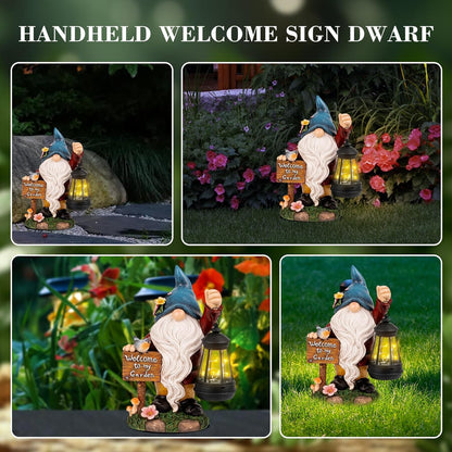 Garden Gnome Statues Figurine Lights - Solar Powered Lighting Outdoor Decorations with Lantern & Welcome Sign, Yard Art Lawn Ornaments for Porch Patio Balcony - Gnome Gifts for Women Mom